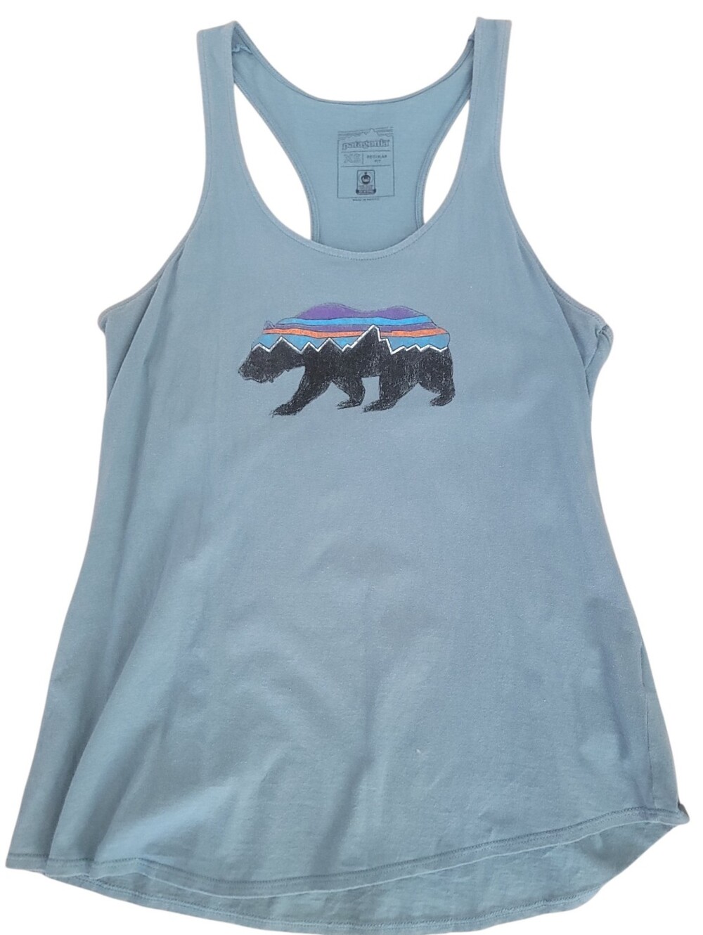 Patagonia Women's Organic Cotton Bear Graphic Racerback Teal Tank XS Outdoor